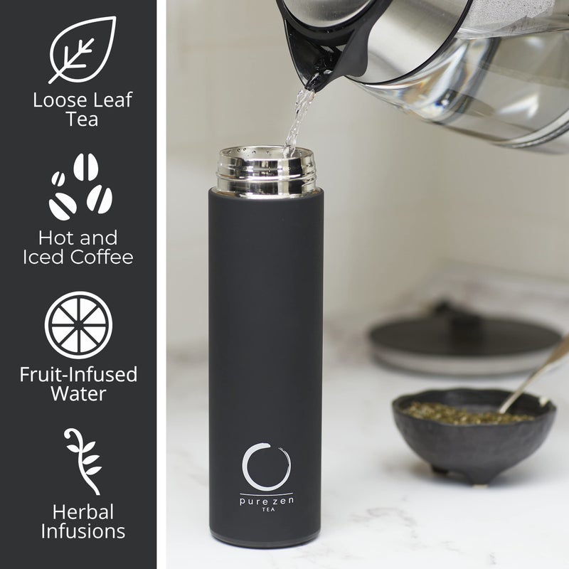 Pure Zen Tea Thermos with Infuser for Hot and Cold Infusions, Coffee and Fruit-Infused Water - Stainless Steel - Tea Infuser Bottle - Leakproof Travel Mug with Filter - 15oz - Black - Image 4